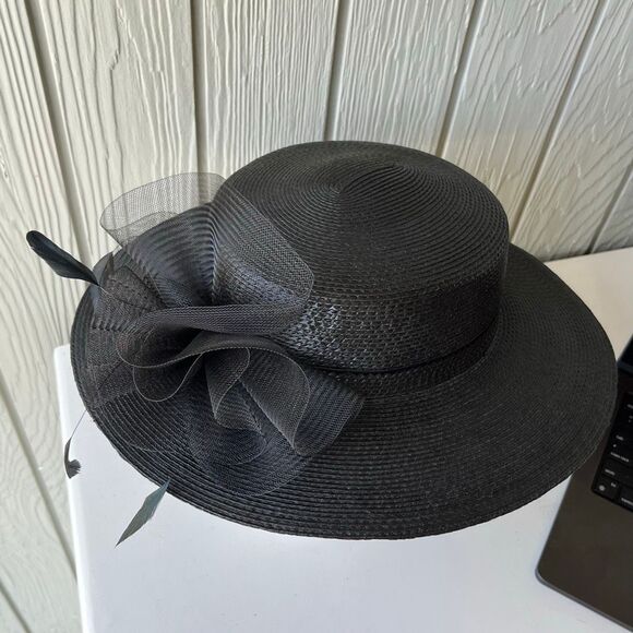 VTG Black Wide Brim Hat Mesh & Feather Trim Formal Church Derby Tea - Picture 6 of 12